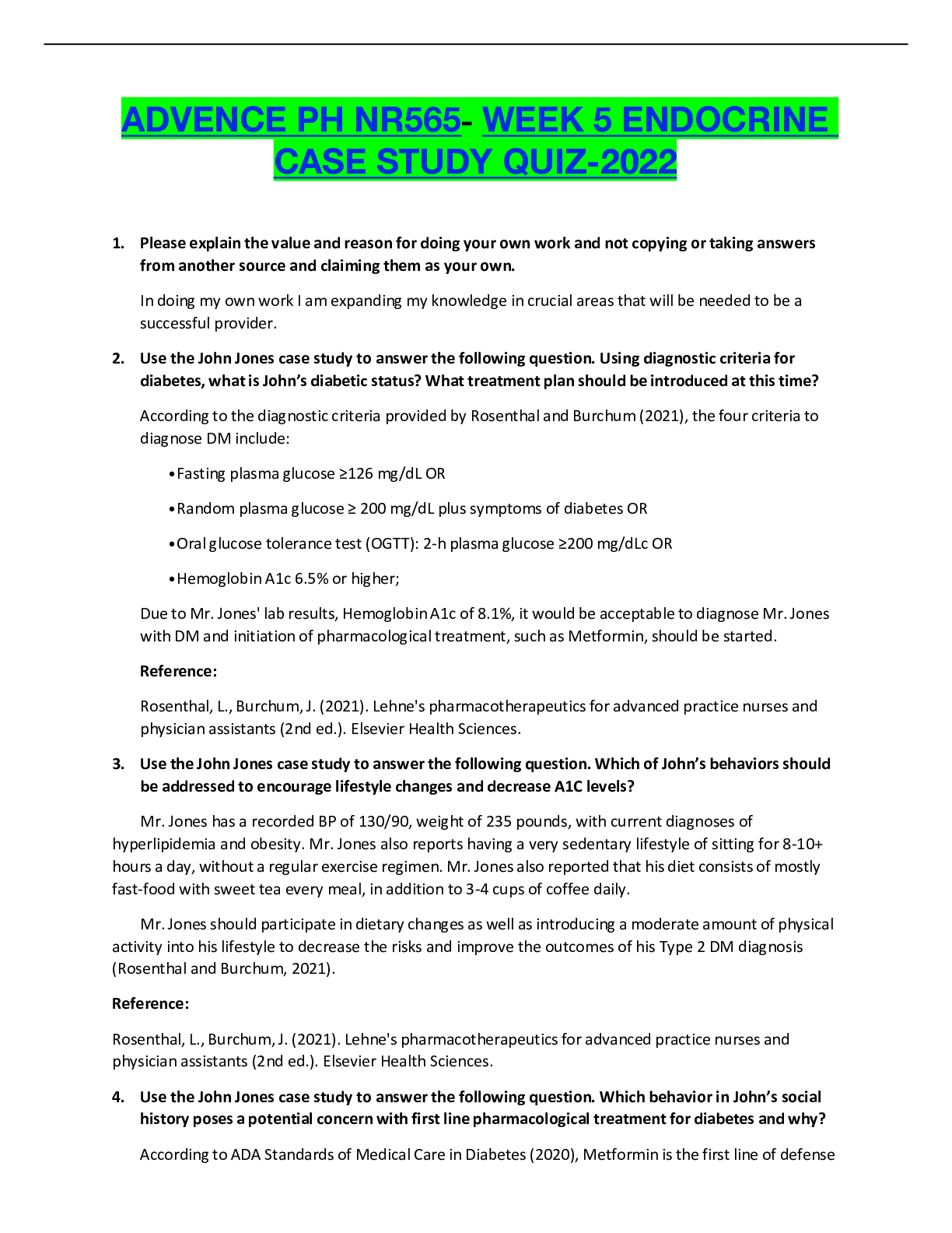 Preview of ADVENCE PH NR565- WEEK 5 END>INE CASE STUDY QUIZ-2022